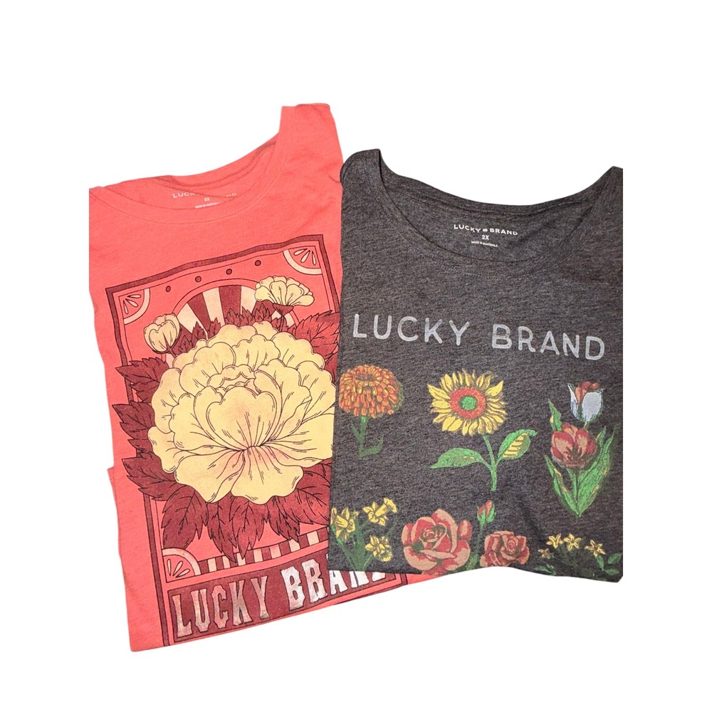 Lucky Brand Graphic T-Shirt Set of 2 Coral Grey Floral Botanical Womens 2X